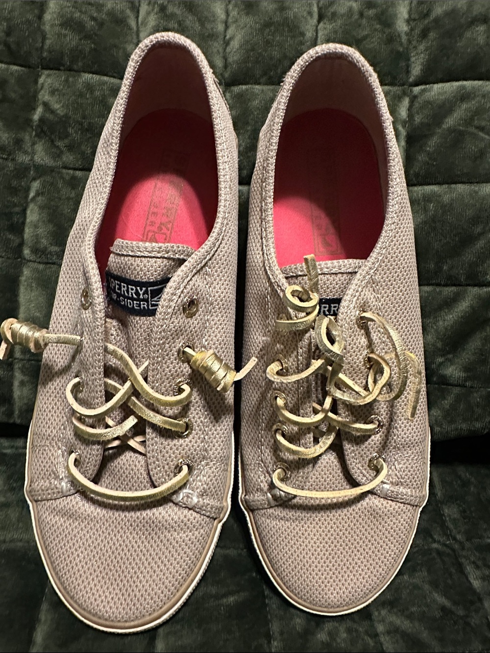 Sperry Girls Taupe Canvas Slip-On Sneakers with Gold Accents
